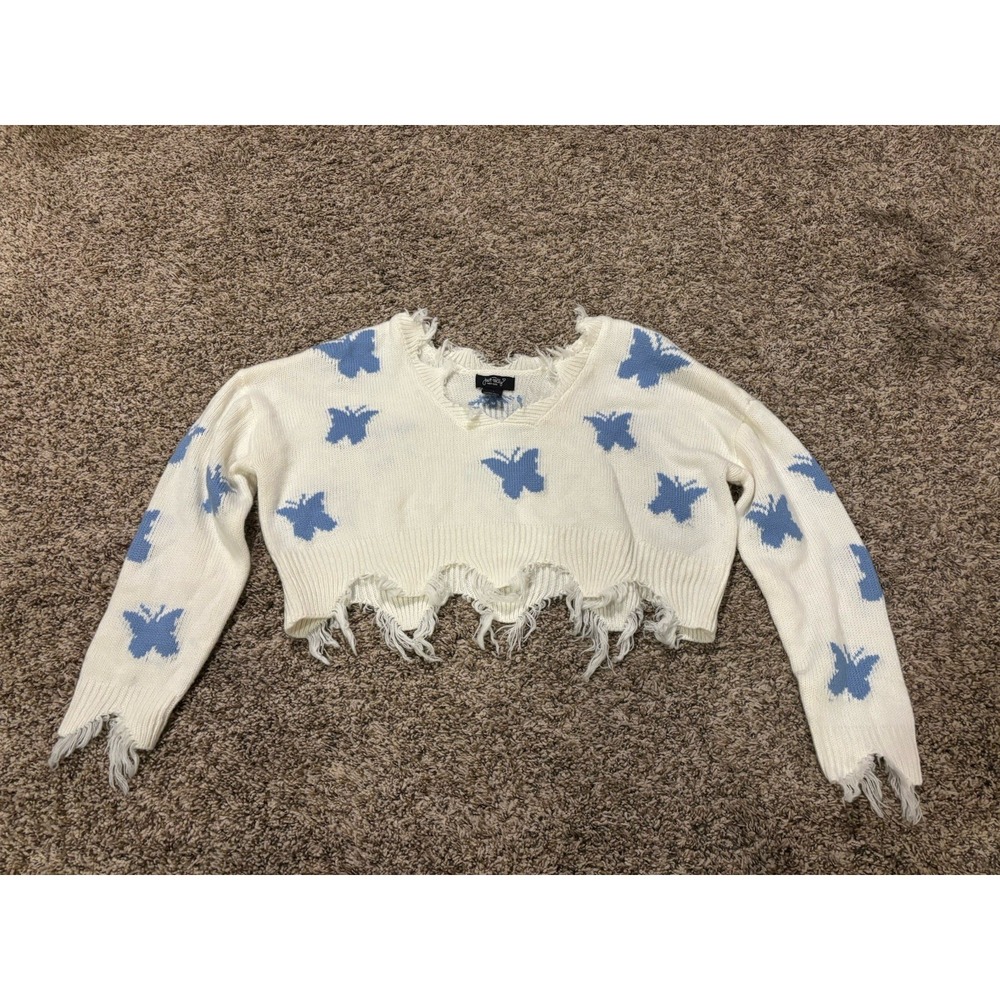 Just Polly White and Blue Butterfly Cropped Sweater Women's Size Medium
